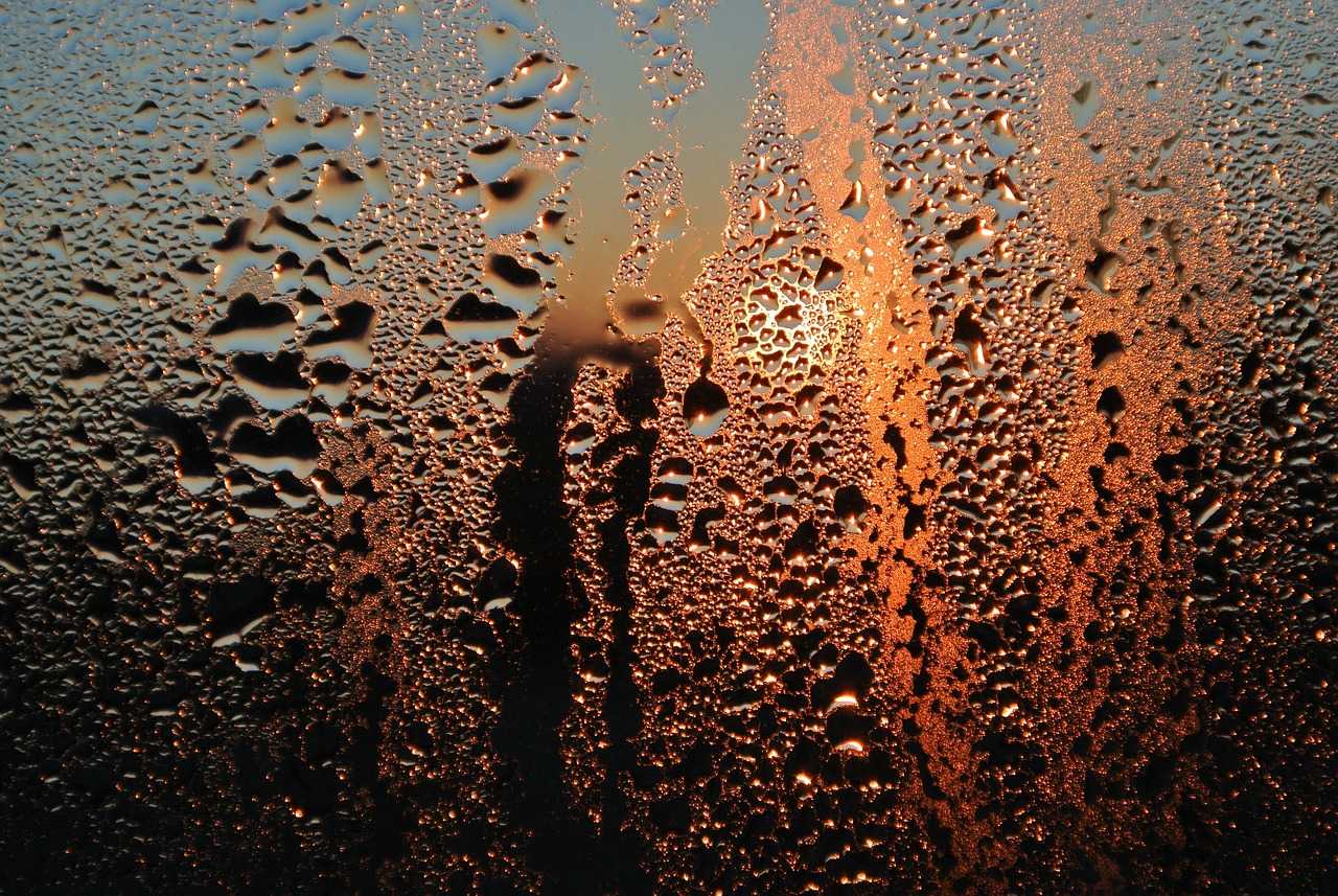 Aufnahme einer Scheibe, an der Wassertropfen hinunter laufen. Im Hintergrund abendliches Licht.